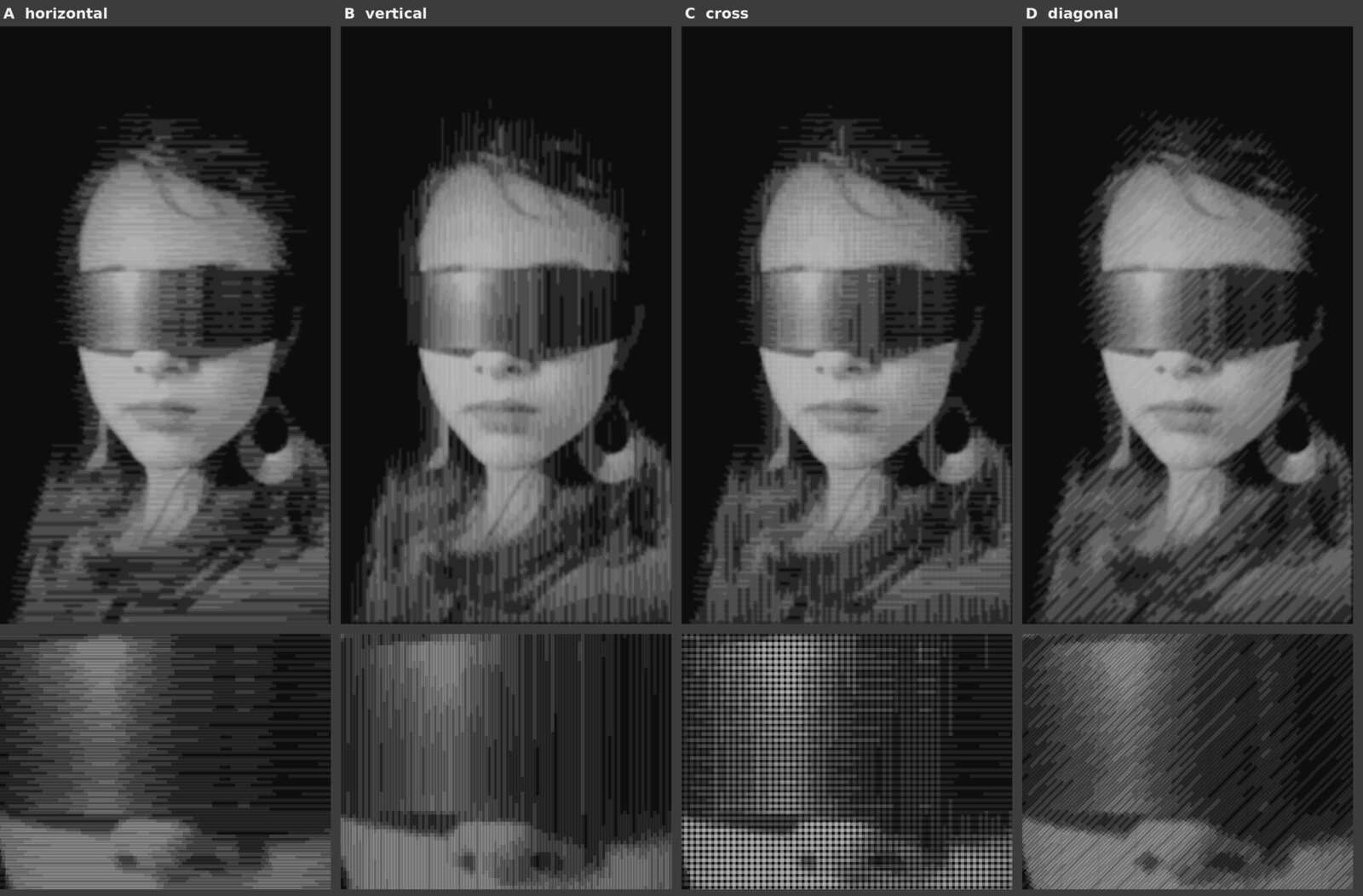 Four previews of the same portrait in horizontal, vertical, crosshatched and diagonal lines, with close-ups